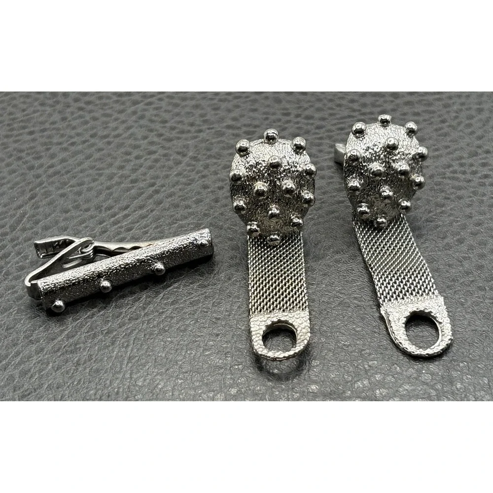 VTG Modernist Atomic MCM Stud Mesh Wrap Cufflinks Tie Clip Set Silver Tone